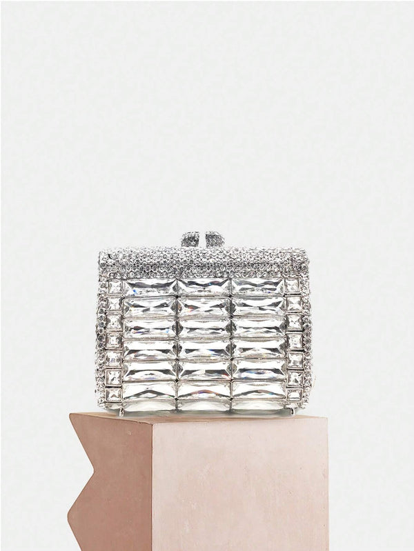 Super Mini Square Silver Rhinestone Evening Purse