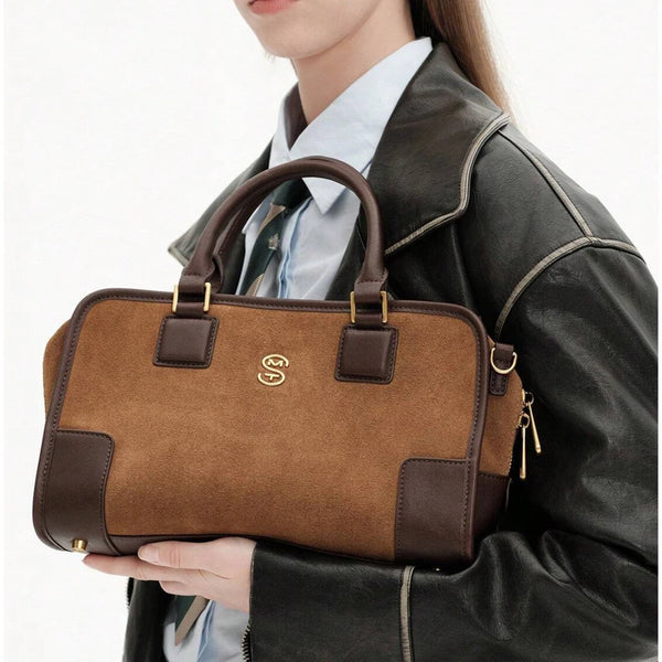 Autumn/Winter Suede Retro Boston Tote Bag For Women, Coffee Brown,Wide Strap, Shoulder/Crossbody, Color Patchwork, Fashionable Handbag, Spacious For Commute