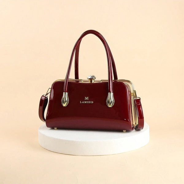 Glossy Handbag with Rhinestone Decor