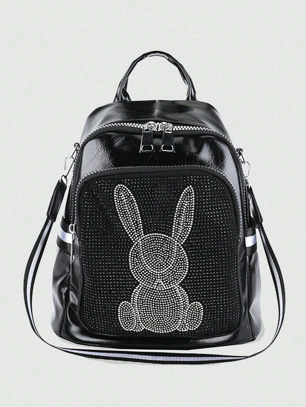 1 Pc Fashion Y2K Rabbit Pattern Large Capacity Small Backpack With Adjustable Strap.Gothic Personality Crossbody Bag With Letter Metal Decor.Artificial Diamond Decor Shoulder Bags.Lightweight Portable Book Bag With Handle.Preppy School Bag.Casual College